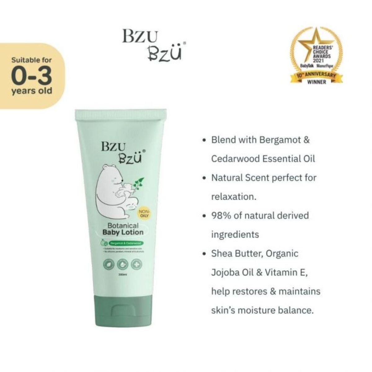 Bzu Bzu Botanical Baby Lotion 200ml - Bergamot & Cedarwood